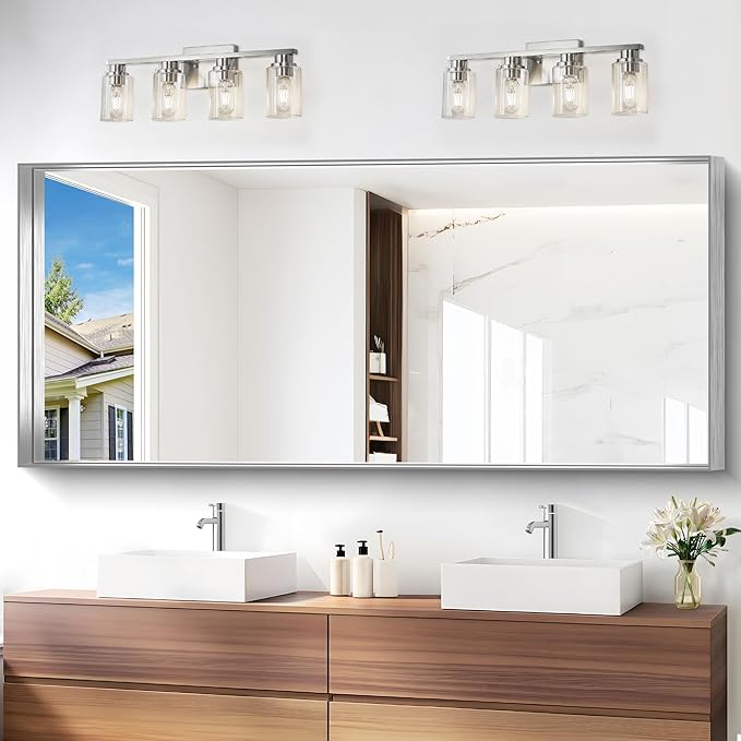 Silver Bathroom Mirror, 72x30 Inch Rectangular Deep Frame Mirror, Large Wall Mounted Bathroom Vanity Mirror Over Sink for Bedroom,Restroom, Living Room, Hangs Vertically or Horizontally-Ruum Studio Home