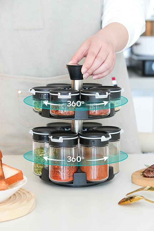 360 rotating 2 tier jars spice rack (6 small 6 large spice jars) Revolving Seasoning Organizer. Spinning Spice Rack for Counter top and Cabinet WITH Custom Label Stickers.-Ruum Studio Home
