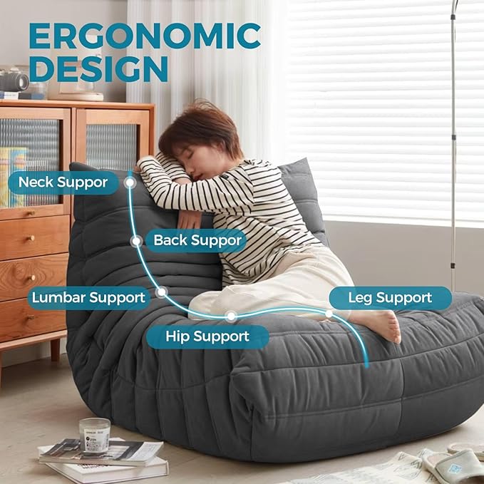 Modern Living Room Chair, Big Bean Bag Adult Floor Sofa, Togo Recliner Memory Foam Lazy Couch Suitable Balcony for Fireside Chair (Dark Grey)-Ruum Studio Home