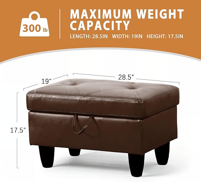 Ottoman Rectangular Storage Ottoman Bench, Faux Leather Footrest, Coffee Table, Stool Footstool with Hinged Lid for Living Room, Bedroom, Entryway, Brown, 28.5"x19"x17.5"-Ruum Studio Home