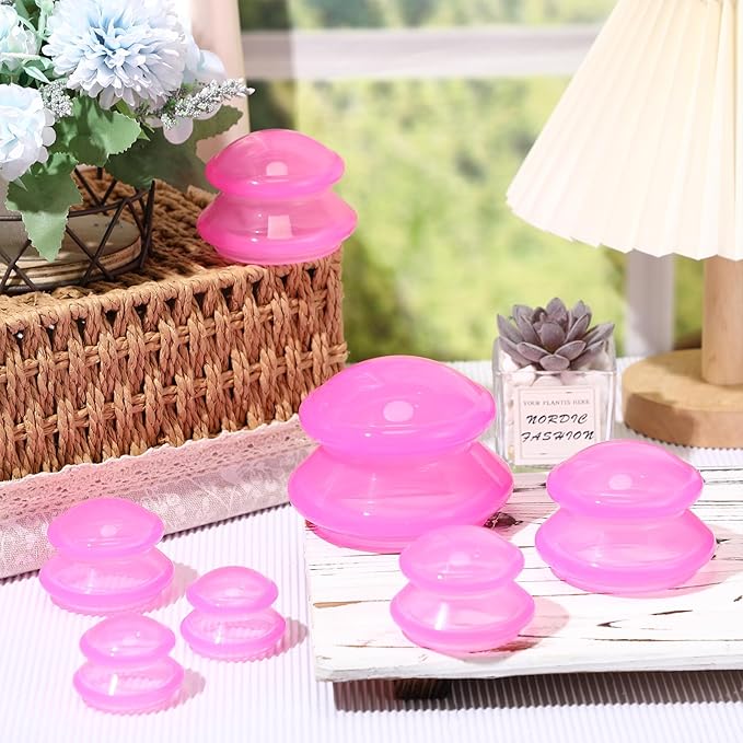 Nuanchu 8 Pcs 4 Sizes Cupping Therapy Set with Satin Bag Silicone Massage Cups Professional Cupping Therapy Vacuum Cup for Cellulite Joint Pain Muscle Pain(Clear Hot Pink)-Ruum Studio Home