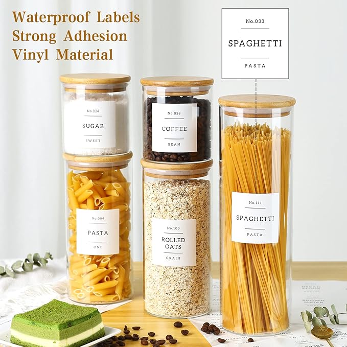 5 Pack Glass Jars with Bamboo Airtight Lids - Stackable Food Storage Containers with 132 Pantry Labels - with Wood Lid for Candy, Cookie, Rice, Sugar, Flour, Pasta, Nuts-Ruum Studio Home