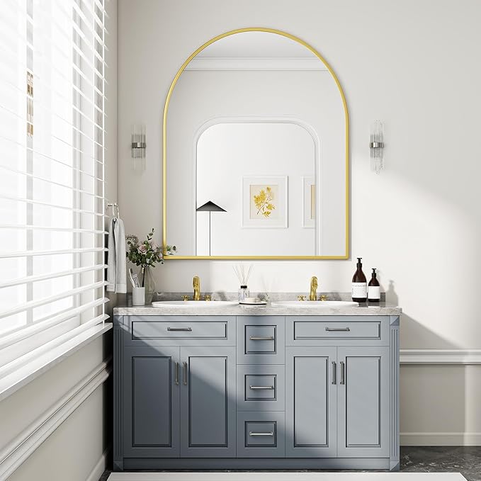 BEAUTYPEAK 36"x48" Arch Bathroom Mirror, Wall Mounted Vanity Metal Frame Mirror for Bedroom, Entryway, Living Room, Gold-Ruum Studio Home