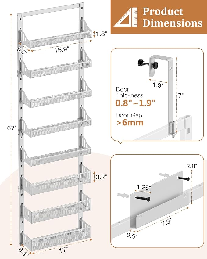 Over the Door Pantry Organizer 8-Tier, Large Metal Door Spice Rack with Adjustable Basket, 2 in 1 Wall Mount or Hanging Heavy-Duty Pantry Door Storage Shelf for Kitchen and Bathroom, White-Ruum Studio Home