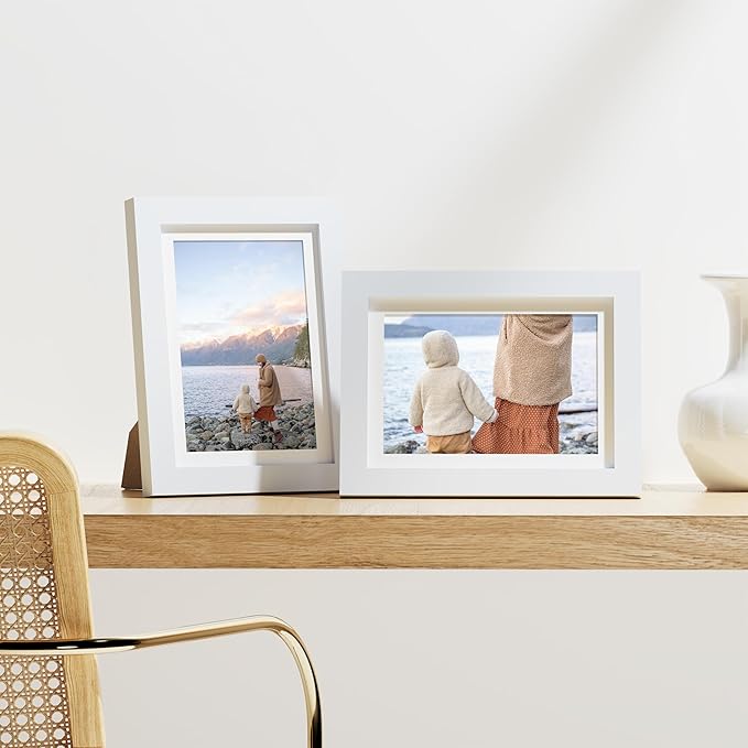 Vittanly 5x7 Picture Frames Set of 9, Shatter Resistant Plexiglass, Display 4x6 Pictures with Mat or 5x7 without Mat, Photo Frames for Wall or Tabletop, Engineered Wood, White-Ruum Studio Home