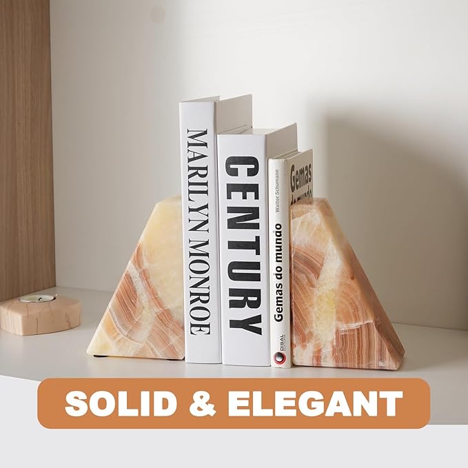 Marble Bookend for Heavy Books, Decorative Bookends for Shelves, Durable and Heavy-Duty Book End for Hardback Book & CDS, Unique Stopper & Holder, Mexico Onyx, Set of 2-Ruum Studio Home