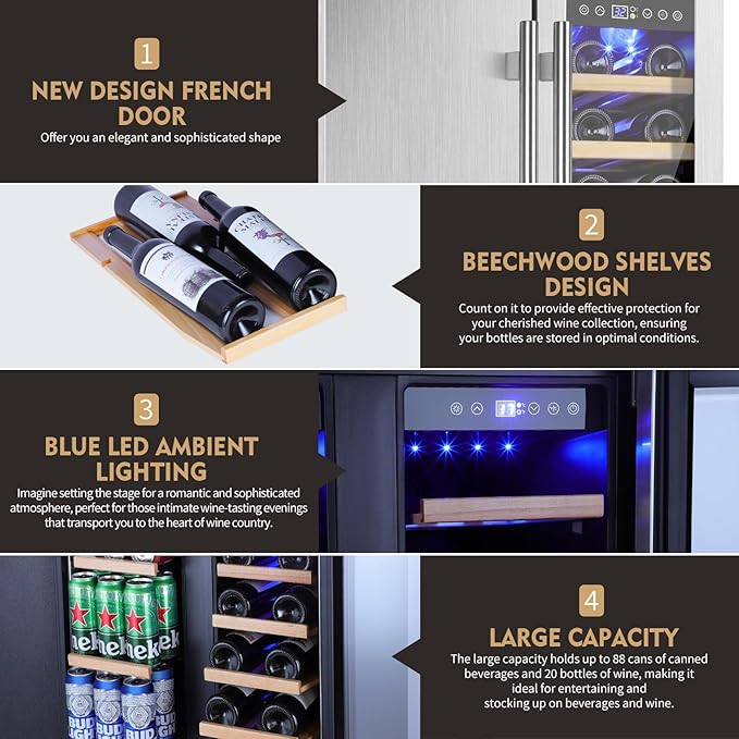 Wine and Beverage Refrigerator, 24 Inch Stainless Steels Beverage Fridge Dual Zone, Wine Beverage Cooler Built-in or Freestanding with Upgraded Cooling, 20 Bottles and 88 Cans Large Capacity-Ruum Studio Home