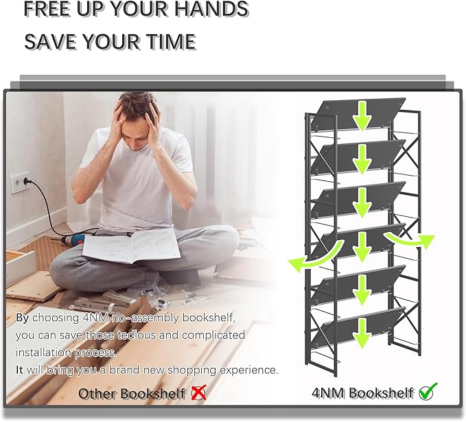 4NM 6 Tiers No Assembly Book Shelves, 61.8" H Folding Bookshelf Bookcase Open Industrial Foldable Shelves for Bedroom, Living Room, Home Office - All Black-Ruum Studio Home