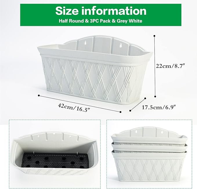 Sungmor 3 Pack Wall Hanging Planters, 16.5 Inch Railing Fence Hanging Flower Pots, Thickened Plastic Water Storage Plant Pot, Indoor Outdoor Garden Balcony Decor, Light Grey Large Plant Basket-Ruum Studio Home