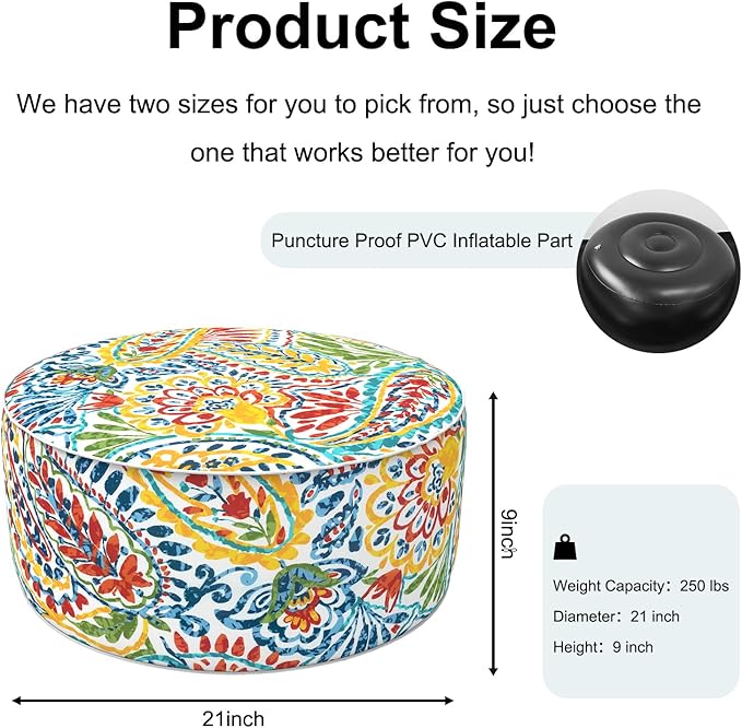 Inflatable Ottoman Stool D21 xH9 for Outdoor/Indoor Use, Water Repellent Patio Foot Rest Stool with Portable Handle,Round Pouf Ottoman Suitable for Garden,Deck and Camping - Paisley Multi-Ruum Studio Home