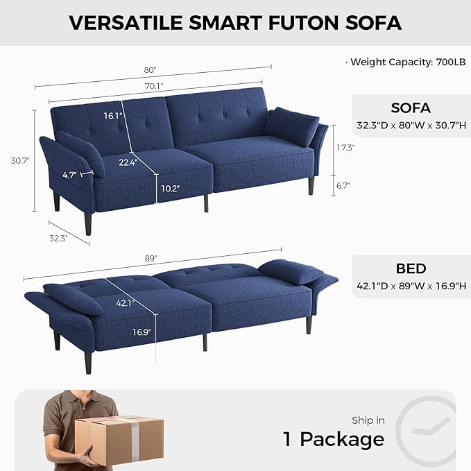 89” Futon Sofa Bed, Linen Comfy Futon Couch Bed with 2 Square Pillows, Convertible Sleeper Sofa with Adjustable Backrest& Armrests, Modern Loveseat Sleeper for Living Room, Bedroom, Blue-Ruum Studio Home