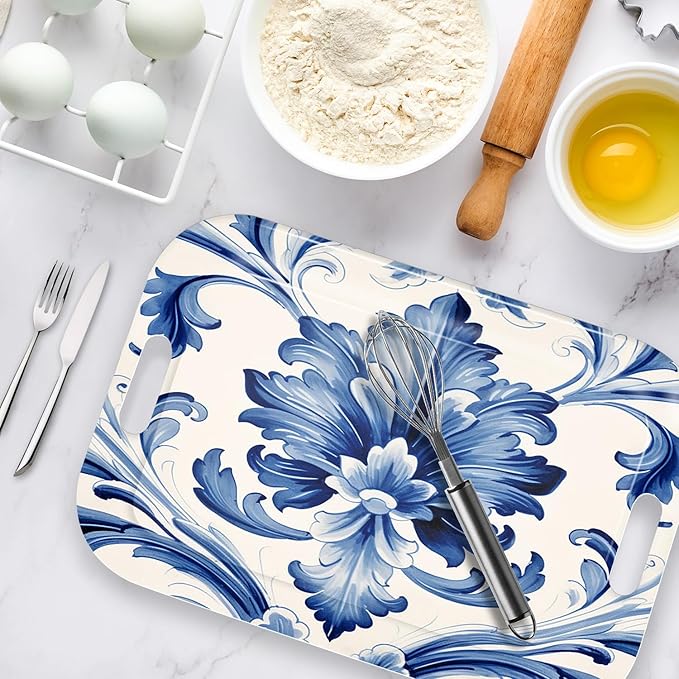 Serving Trays with Handles, 14.5 x 9.8 inch Rectangular Plastic Tray for Restaurant, Kitchen, Blue and White Pattern-Ruum Studio Home