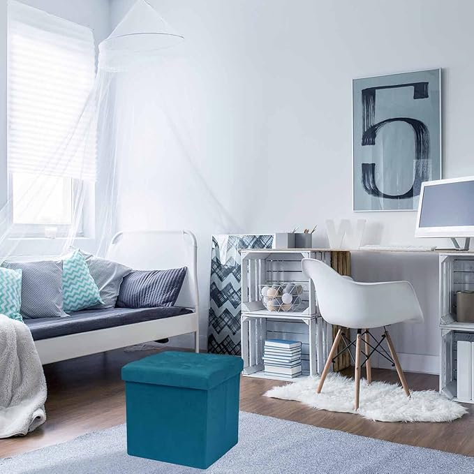 Sorbus Folding Ottoman - Foot Rest Cube, Bedroom Bench, Coffee Table, Shoe Storage, Foot Stool, Pouf - Teal Blue Suede Velvet-Ruum Studio Home
