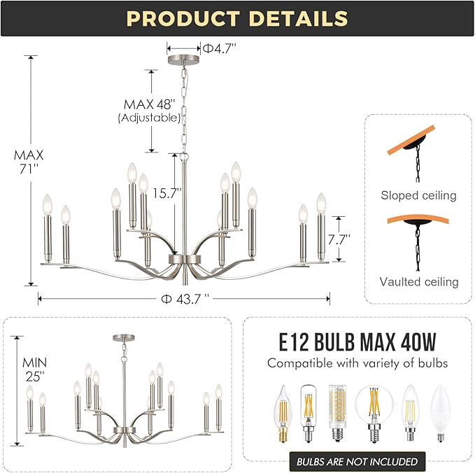 12 Light Nickel Living Room Chandelier High Ceiling Foyer Candle Chandelier Large Modern 44in Metal Chandeliers Hanging Light for Master Bedroom Dining Room Light Fixture Over Table-Ruum Studio Home