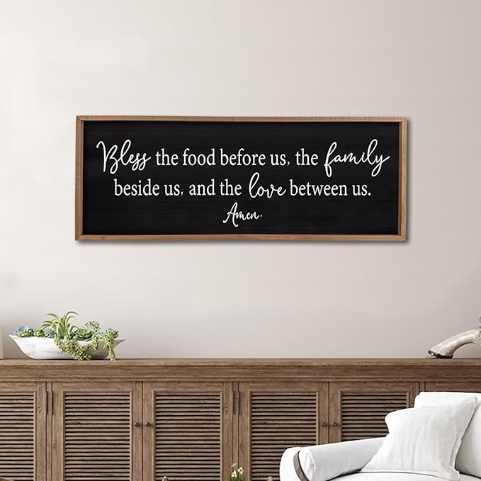 Bless the Food Before Us Sign Wall Decor 40"X15" Large Farmhouse Dining Room Wall Decor Framed Wood Rustic Home Wall Art Kitchen Decoration (Wood Black)-Ruum Studio Home