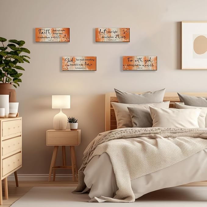 FENCORDAR 4 Pieces Orange Bathroom Decor Bible Verses Decor Wooden Orange Wall Decor Abstract Office Christian Wall Decor Religious Art for Women Office Home Bedroom Living Room Decor(10x4)-Ruum Studio Home