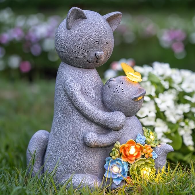 Solar Garden Statues Loving Cat Figurine Lights for Outside, Yard Decorations Outdoor, Garden Decor Unique Mothers Day Birthday Housewarming Gifts for Mom, Women-Ruum Studio Home
