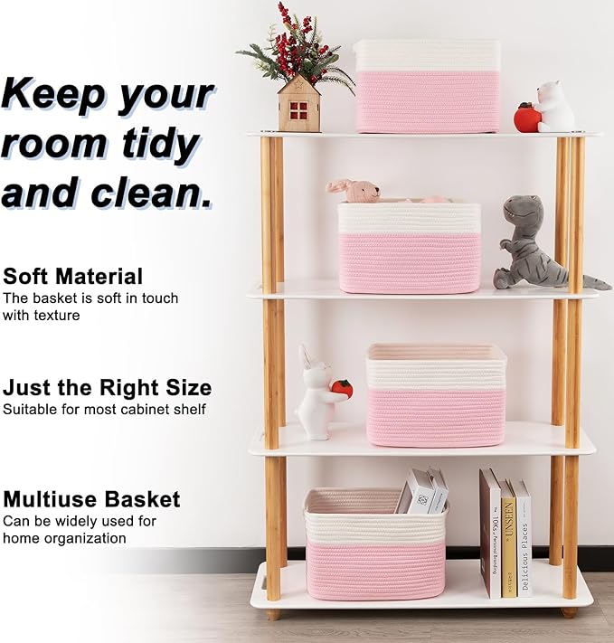4 Pack Storage Baskets for Organizing, Woven Baskets for Shelves - Perfect for Toys, Books, Towels, and Clothes, Durable Gift Basket Bins Toy Storage, 12.7''Lx9''Wx7.8''H, Pink & White-Ruum Studio Home