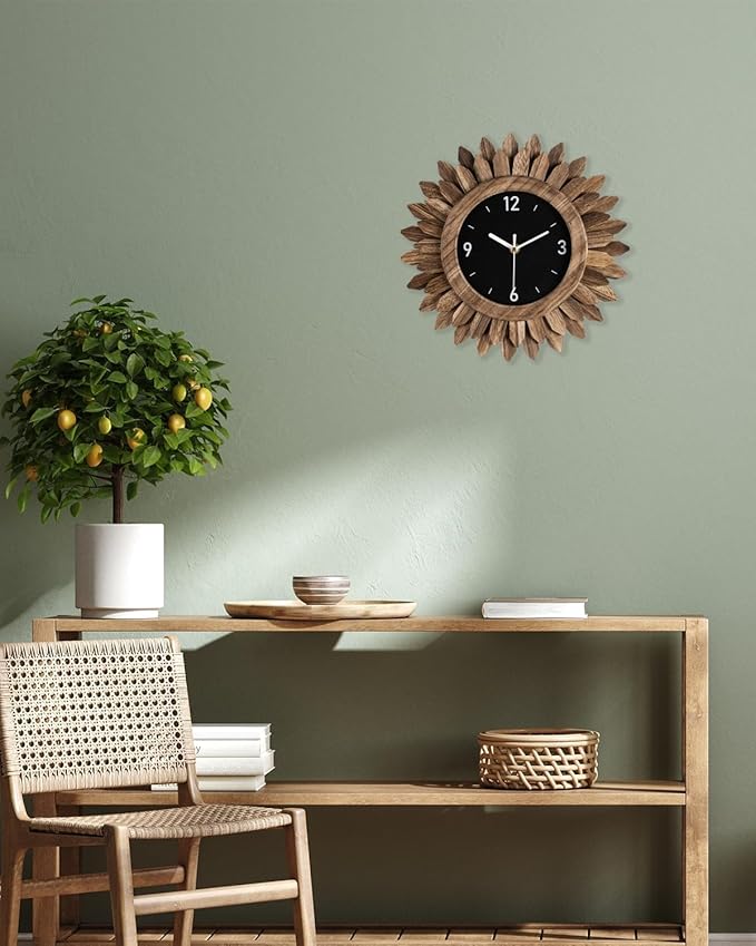Honiway Wall Clock Battery Operated 12 in Rustic Wood Boho Sunburst Decorative Wall Clock Silent Non Ticking Farmhouse Small Wall Clocks for Living Room Kitchen Bathroom Bedroom Decor (Rustic Brown)-Ruum Studio Home