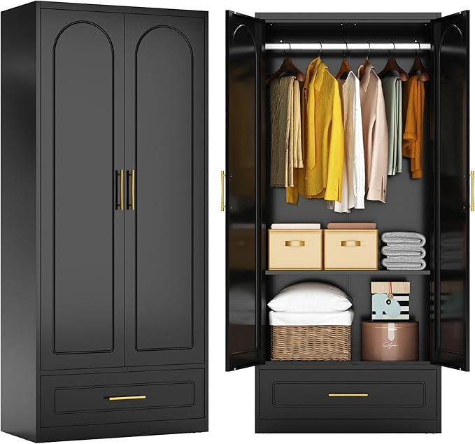 71" Metal Armoire Wardrobe Closet with 2 Doors and Drawer, Tall Wardrobe Cabinet with Hanging Rod and Adjustable Shelves, Black Clothing Storage Cabinets for Bedroom, Home Office-Ruum Studio Home
