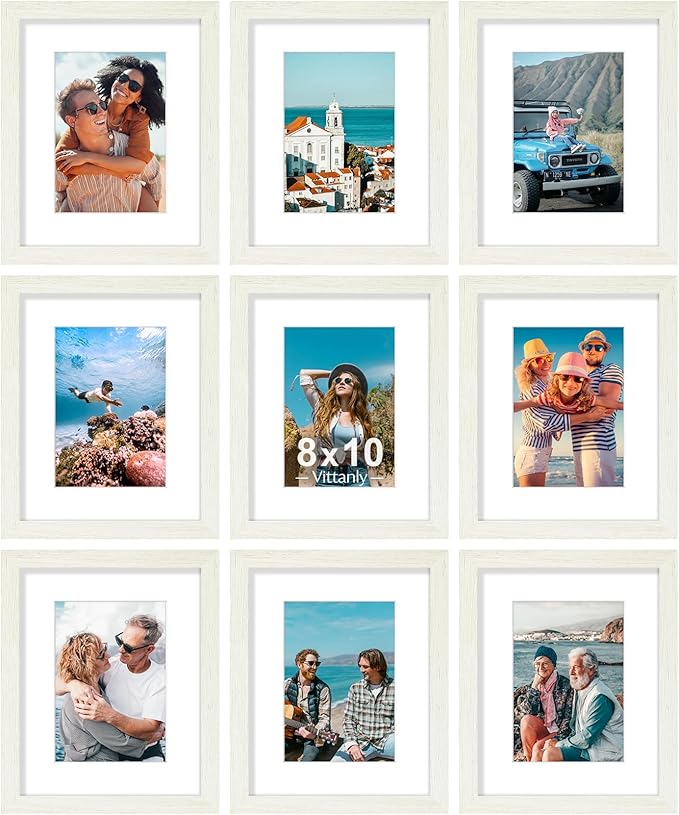 Vittanly 8x10 Picture Frames Set of 9, Shatter Resistant Plexiglass, Display 5x7 Pictures with Mat or 8x10 without Mat, Photo Frames for Wall or Tabletop, Engineered Wood, Whitemist-Ruum Studio Home