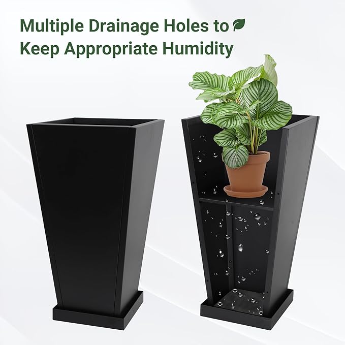 Tall Metal Planter 26" H - 2 Pack, Tall Planters with Removable Insert Shelve & Saucer Trays, Metal Outdoor Planters for Porch, Garden, Patio, Yard(Black)-Ruum Studio Home