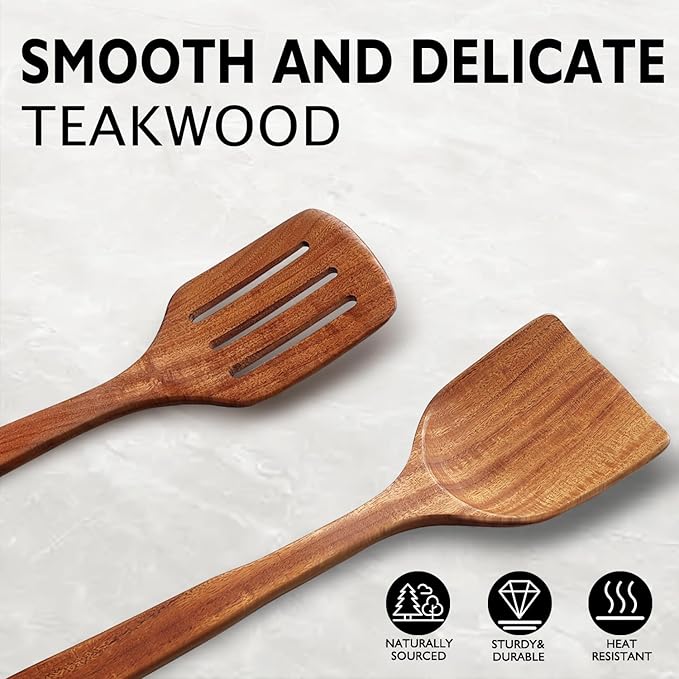 Wooden Spatulas for Cooking Non-Stick Kitchen Pan Toolset 2 PCS Set, Natural Teak Kitchen Utensils,Smooth Finish Utensils Fried Spatula,Turner Non-Stick Wooden Cooking Utensils-Ruum Studio Home