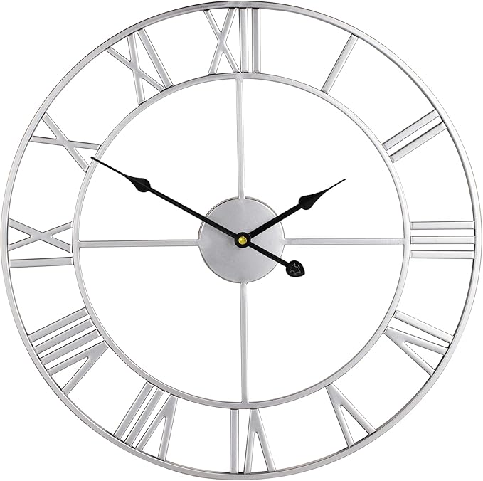 LEIKE 18.5" Modern Large Wall Clocks,Vintage, Round,Silent Non Ticking,Battery Operated,Silver Metal Roman Numerals Clock for Living Room/Bedroom/Kitchen Decor-Ruum Studio Home