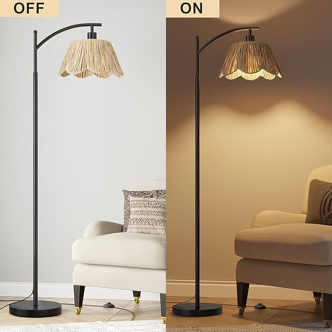Oneach Arc Floor Lamp for Living Room with 3 Color Temperatures, Rattan Boho Floor Lamp with Hand-Woven Wicker Shade,Farmhouse Floor Lamps with Remote & Dimmable Bulb, Suitable for Bedroom（Black）-Ruum Studio Home