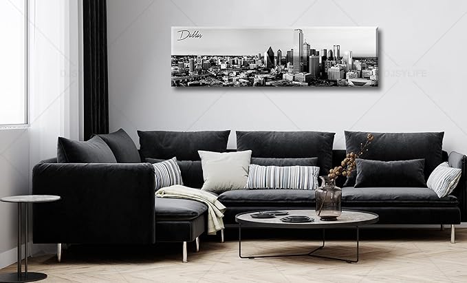 Black and White Wall Art Dallas Skyline Cityscape Skyscrapers Canvas Print Painting Landscape Texas City Buildings Pictures Modern Artwork for Man Room Office Living Room Decoration 13.8"x47.3"-Ruum Studio Home