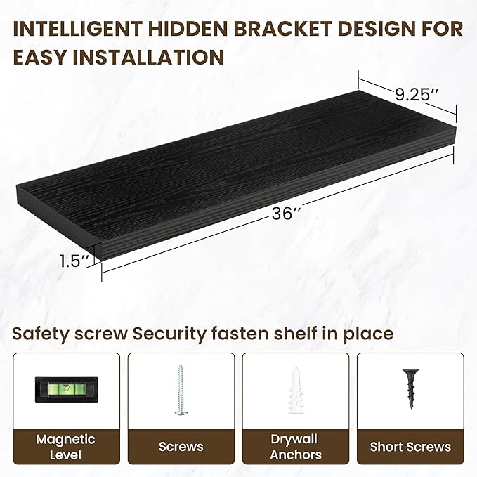 36 Inch Floating Shelves, 36"x9.25"x1.5" Inch Deep Floating Shelves for Wall, Wooden Shelves for Bathroom, Bedroom, Living Room, Black-Ruum Studio Home
