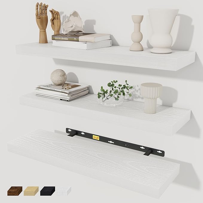 Fun Memories White Floating Shelves Wall Shelf 24 Inch Long, Rustic Bathroom Shelves, Wall Mounted Wood Floating Shelf for Kitchen, Living Room, Bedroom, 24 x 6.7 x 1.4 inch Set of 3-Ruum Studio Home