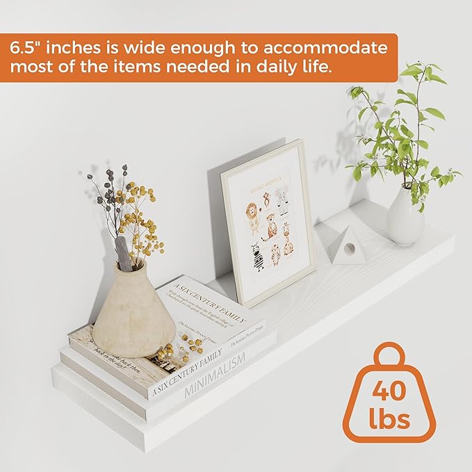 Fun Memories Floating Shelves for Wall, 24" Rustic Wood Deep Wall Mounted Shelves with Invisible Brackets for Decor & Storage, Floating Shelf for Living Room, Bathroom (White, Set of 2)-Ruum Studio Home