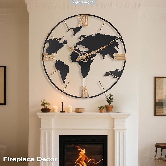 24 Inch Large Wall Clock,Modern Decorative Big World Map with Vintage Gold Roman Numeral Extra Giant Metal Oversized Wall Clocks for Living Room,Office,Kitchen,Dining Room,Bedroom-Ruum Studio Home