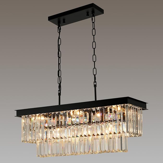Black Crystal Chandeliers for Dining Room Light Fixtures Over Table，9-Lights Modern Rectangle Chandeliers for Kitchen Island Bar L28 Inch-Ruum Studio Home