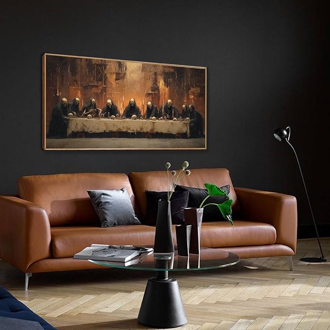 KAIRNE Framed Skeleton Canvas Wall Art,Abstract Retro Skull Print Set of 1(40”X20”),Scary Halloween Pictures,Horror Wall Art,Skeleton Last Supper Posters for Living Room Bedroom Ding Room Office Decor-Ruum Studio Home
