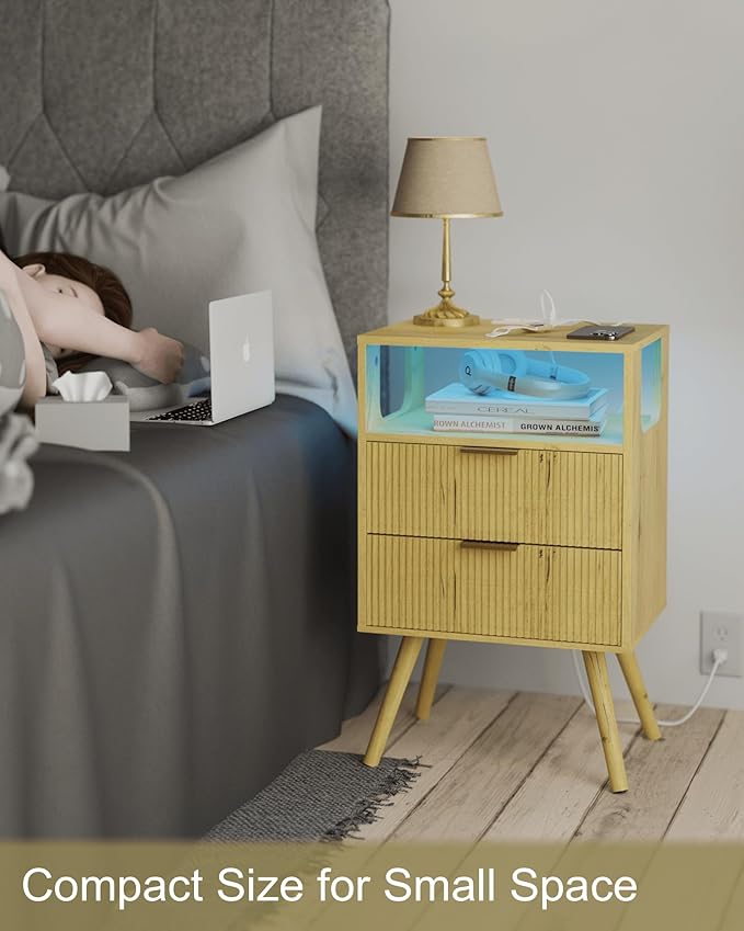 Nightstand with Charging Station and LED Lights,Modern Bedside Table with 2 Storage Drawer and Open Wood Shelf, for Bedroom and Small Spaces,Night Stand with Solid Wood Legs (Yellow Oak)-Ruum Studio Home
