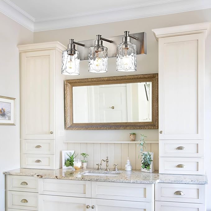 BONLICHT Bathroom Vanity Light Fixtures 3 Lights Modern Wall Sconce Brushed Nickel with Metal Base and Hammered Glass Shade, Industrial Farmhouse Bath Wall Lights for Hallway Kitchen Bedroom-Ruum Studio Home
