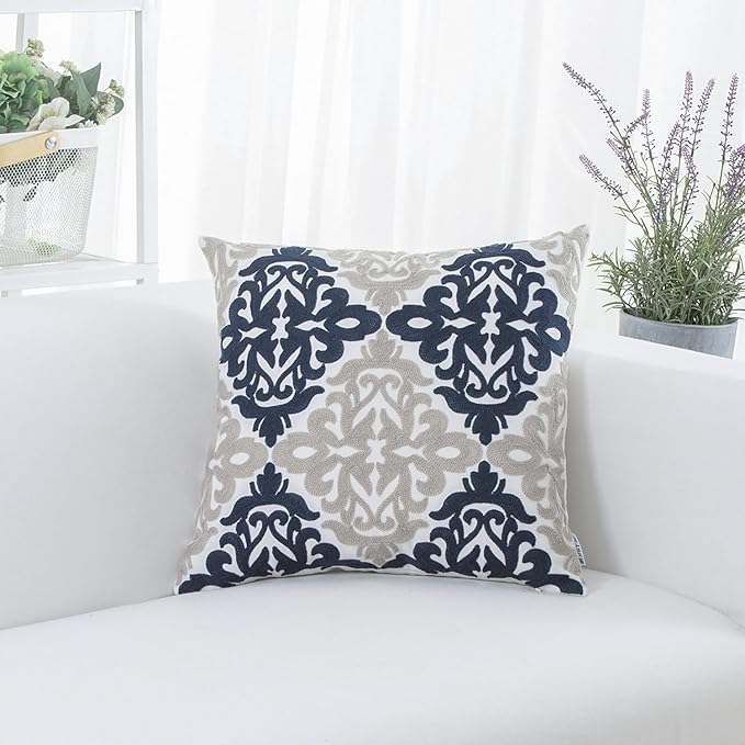 HWY 50 Navy Blue Decorative Throw Pillow Covers 18x18 Inch, Pack of 2 Embroidered Cotton Farmhouse Cushion Cover Pillow Case for Sofa Couch Living Room Bed Bedroon, Accent Geometric-Ruum Studio Home