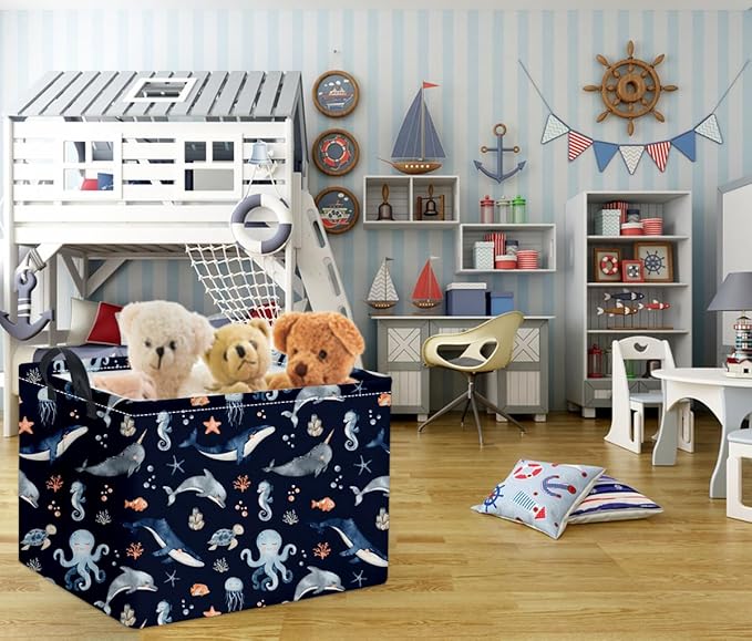 HIYAGON Rectangular Ocean Basket Kids Baby Storage Bin Toy Organizer Box for Boys Under the Sea Nursery Decor(Ocean)-Ruum Studio Home