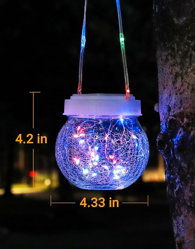 Solar Lantern Solar Lights Outdoor Waterproof 6-Pack, Solar Powered Hanging Lights Cracked Glass Hanging Globes for Christmas Decoration, Shepherd Hook, Garden Tree Ornaments,White Cap, Multi-Color-Ruum Studio Home