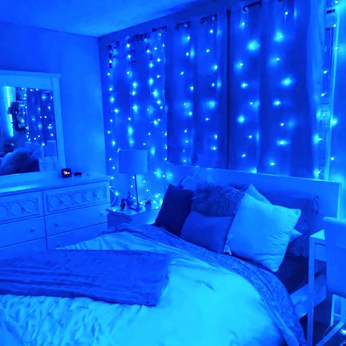 JMEXSUSS 300LED Christmas Curtain Lights, Blue Christmas Lights with Remote, Blue String Lights for Bedroom Wall Window Backdrop Garden Indoor Outdoor Patio Yard Porch Decorations, 9.8x9.8ft-Ruum Studio Home