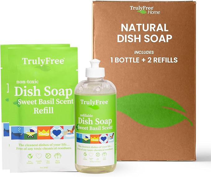 Natural Concentrated Dish Detergent Dishwashing Liquid | Plant-Based Dish Soap | Sweet Basil Fresh Scent | 2 Refill Packs with 1 Empty Refillable Squeeze Bottle (16 Oz)-Ruum Studio Home
