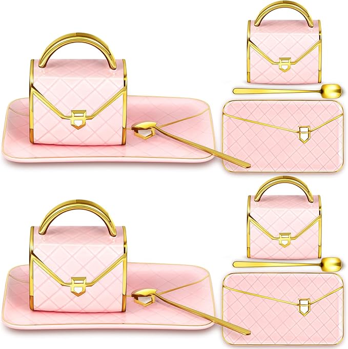 Zubebe 2 Sets Coffee Mug Elegant Handbag Shaped Cup Modern Ceramic Purse Mug with Spoon and Saucer, 10oz Cute Creative Tea Cup for Office Home Woman Girls Gift (Pink)-Ruum Studio Home