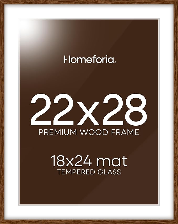Homeforia 22x28 Poster Frame Walnut, High End Dark Oak 22x28 Large Wooden Picture Frame with Mat 18x24, 22 x 28 Brown Wood Frame Matted to 18 x 24, 28x22 Thin Frame, Tempered Glass, Wall Kit, Set of 1-Ruum Studio Home