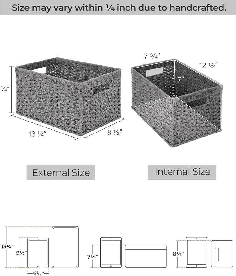 StorageWorks Round Paper Rope Storage Baskets, Rectangular Wicker Baskets with Built-in Handles, Gray, 2-Pack-Ruum Studio Home