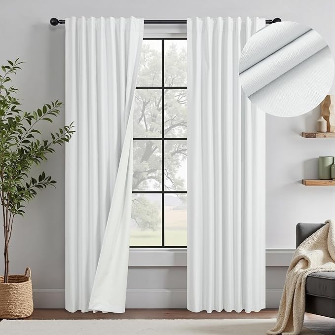 White Living Room Darkening Curtains 72 Inches Long 6 ft Length 2 Panel Cute Black Out Linen Window Drape for Nursery Bedroom Opaque Thermal Curtain for Summer Heat Light Blocking Lightweight Blackout-Ruum Studio Home