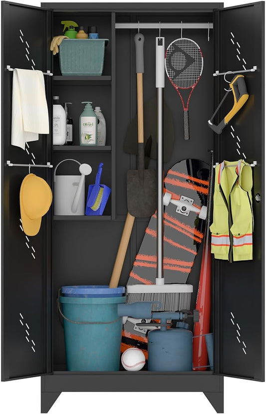Metal Storage Cabinet with Lock Door, 75" Tall Garage Storage Cabinet with Hanging Rod, Broom Closet Bathroom Storage Cabinet, Cleaning Tool Cabinet-Ruum Studio Home
