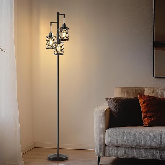 Oneach 70" Industrial Floor Lamp, Stepless Dimmable Standing Lamp with 3 Bulbs, Farmhouse Corner Standing Tree Lamp for Living Room, Tall Lamps for Bedroom, Office, Study Room, Dining Room, Black-Ruum Studio Home