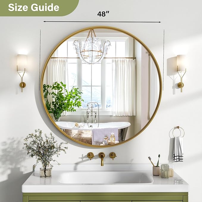 48 Inch Round Bathroom Mirror - Wall Mounted Circle Mirror with Metal Frame, Modern Mirror Suitable for Bathroom, Vanity, Entryway, Living Room, Wall Decor,Gold-Ruum Studio Home